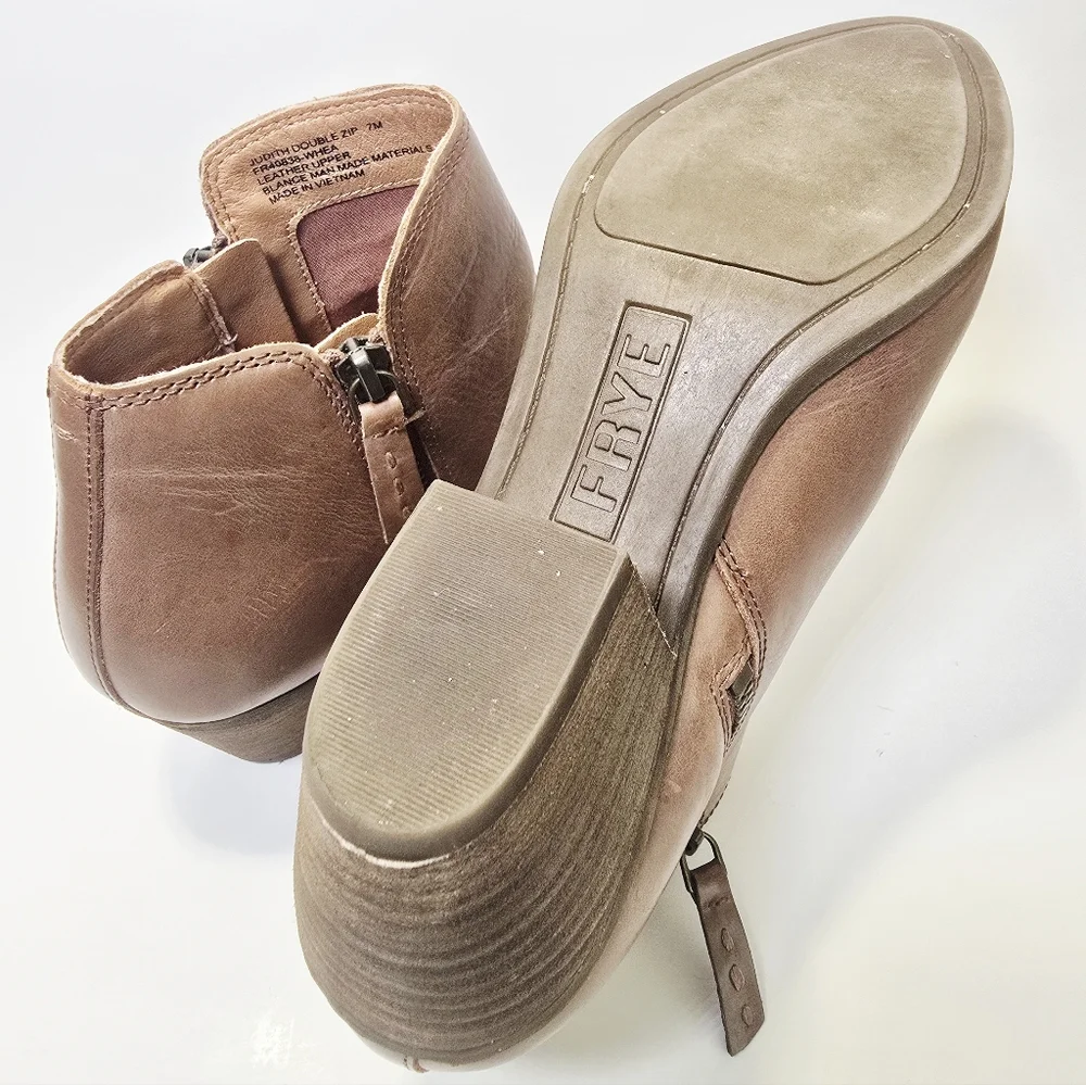 FRYE Judith Double Zip Brown Leather Almond Toe Ankle Boots